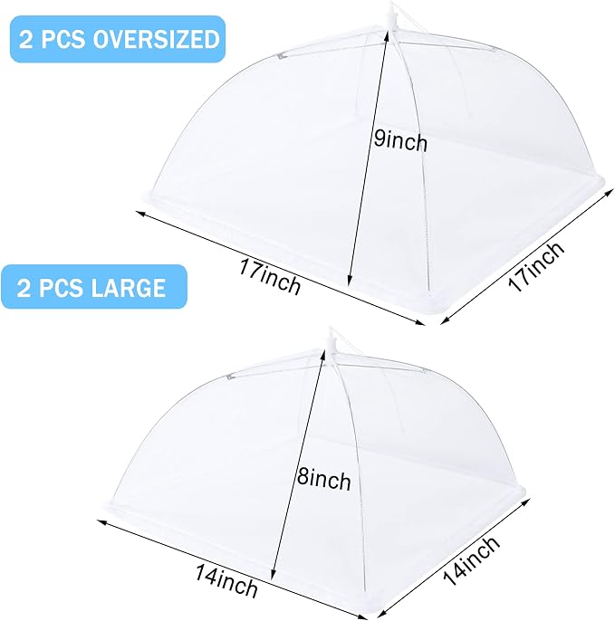 JULBEAR 4 Pcs Mesh Food Cover Tent Large and Tall Umbrella Food Screen Covers for Outside Pop-up Mesh Reusable Food Nets for Parties Picnics Outdoor BBQs Collapsible (2 Pcs 17"x17", 2 Pcs 14"x14")
