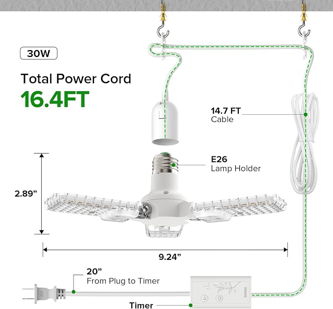 SANSI Hanging Grow Lights for Indoor Plants, 30W Hanging Plant Light with Timer, Adjustable 3-Panels, Full Spectrum, 4700LM, 4000K Daylight, Pendant Grow Light, 16.4FT Power Cord for Tall Large Plants