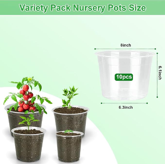 8 Inch Clear Nursery Pots with Drainage Holes, 10 Pack Large Plastic Pots for Plants, Seedling Starter Pot, Garden Plant Pots for Succulents Flowers Cactus
