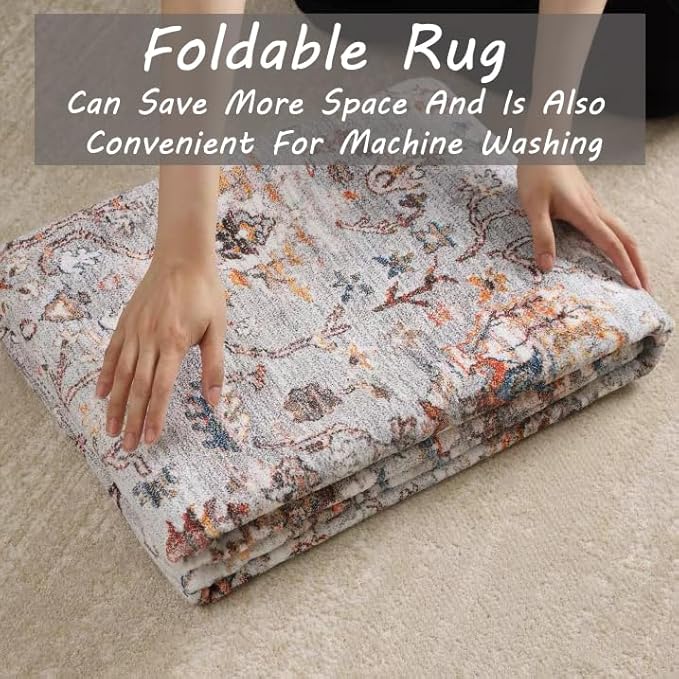 CHAMPLANT Retro Washable Area Rug 4X6 Washable Living Room Boho Chic Medallion Distressed DesignIndoor Non-Slip Large Accent Throw Rug for Kitchen Bedroom Office Carpet