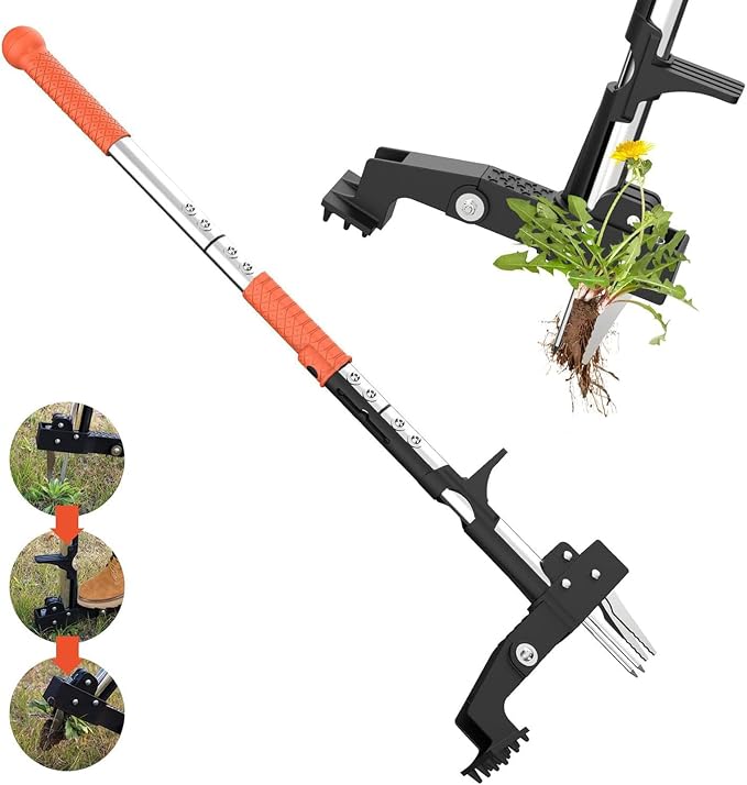 Fabater Weed Puller Tool, Gardening Stand Up Weeder Puller with 39.3" Ergonomic Long Handle and 4 Stainless Steel Claws, Heavy Duty Weed Remover Without Bending, Pulling or Kneeling