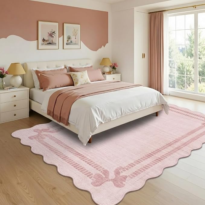 Latte&Fog Washable 6x9 Area Rugs for Living Room Scalloped Pink Rugs Girls | for Dining Kitchen Kids Nursery Playroom Guest Room Classroom Dorm Farmhouse Office, Non Slip Low Pile Soft Bow Carpets