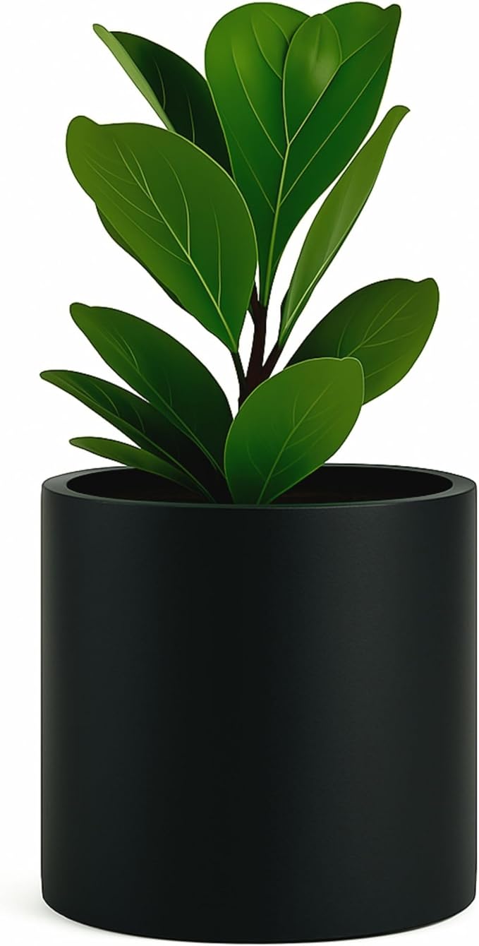 Fox & Fern Large Indoor Planter, Modern Large Plant Pot for Indoor or Outdoor, UV and Frost Resistant - 12 Inch, Fiberstone, Matte Black Flower Pot with Drainage Plug, Lightweight
