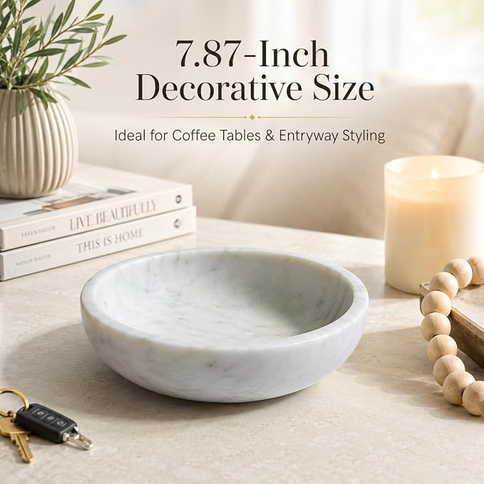 White Marble Decorative Bowl, 7.87-Inch | Natural Stone Catchall Bowl for Keys, Jewelry, Sunglasses and Small Decor, Coffee Table Centerpiece, Entryway Table