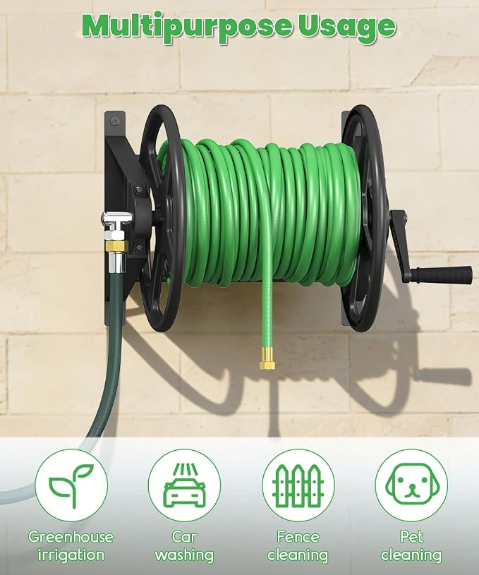 Garden Hose Reel Wall Mounted, Heavy-Duty Water Hose Holder Winder with 3.9 ft Leader Hose & Brass Fitting, Hose Hanger Storage Rack Holds 125-Feet of, 5/8-Inch, for Yard Lawn Farm, Black