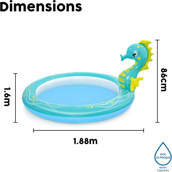 Bestway Seahorse Sprinkler Paddling Pool, Kids Garden Pool