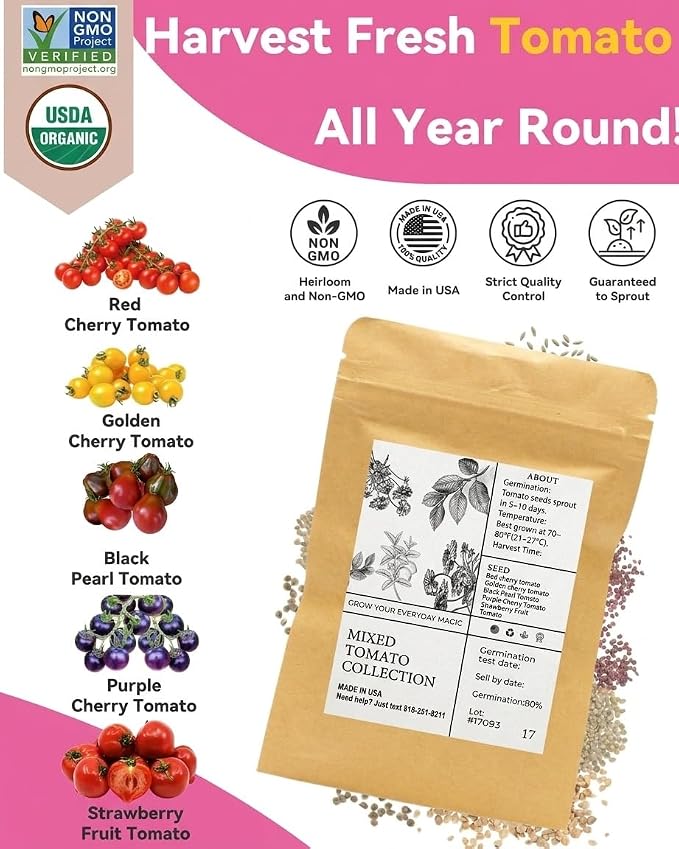 Mixed Cherry Tomato Seed Pod Kit Compatible with AeroGarden, Ahopegarden,URUQ, LETPOT Hydroponic Growing System, 8 Complete Pods with Red, Golden, Black, Purple & Strawberry Fruit Tomato Seeds