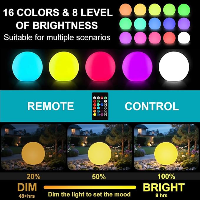 10-in Solar Orb Light, Waterproof Solar Globe Light Outdoor Dimmable RGB Color Changing Solar Garden Ball Light for Outside w/Remote, Landscape Lighting Mood Lamp w/Ground Stake for Yard Poolside Lawn