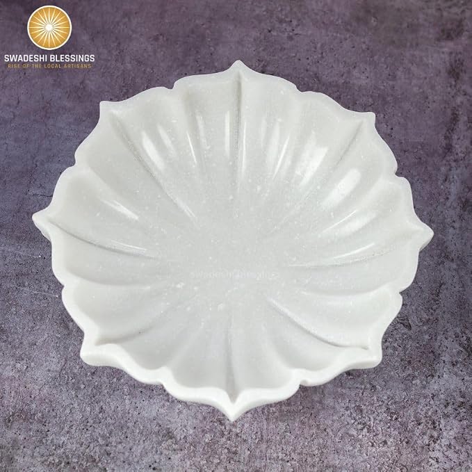 SWADESHI BLESSINGS HandCrafted Marble Lotus Bowl/Organic Modern Home Decor Bowl/Fruit Bowl/Vintage Ring Dish/Decorative Flower Dish/HouseWarming Gifts/Wedding Gifts/Urli (7 Inches)