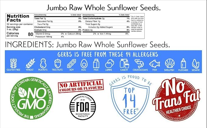 Gerbs Jumbo Raw Whole Sunflower Seeds 2 lbs. | No Artificial Additives, Shell-On, Resealable Bag | Crack-and-Eat Crunchy Snack | Top 14 Allergen-Free