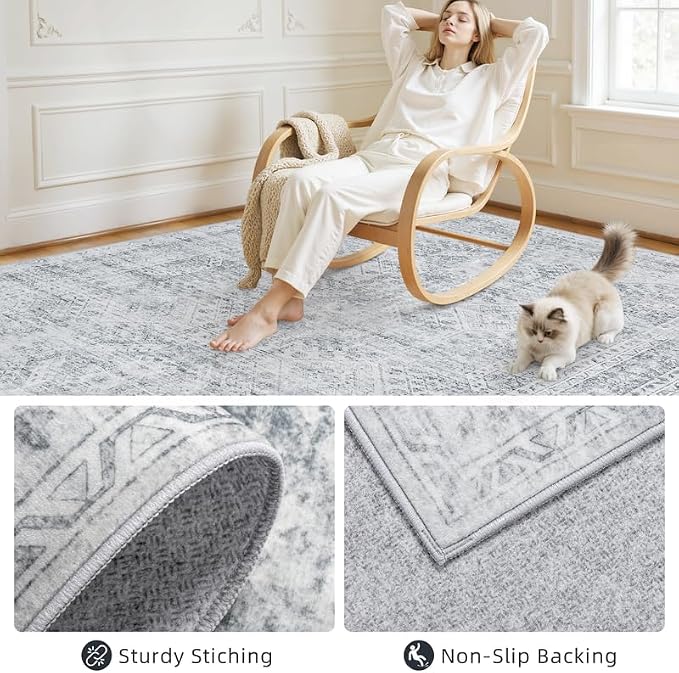 2'6''x8' Hallway Washable Runner Rug: Neutral Kitchen Carpet Gray | Vintage Boho Soft Small Indoor Decor Floor Non-Slip Low Pile Neutral Farmhouse Entryway Laundry Bathroom Bedroom Beside Rugs