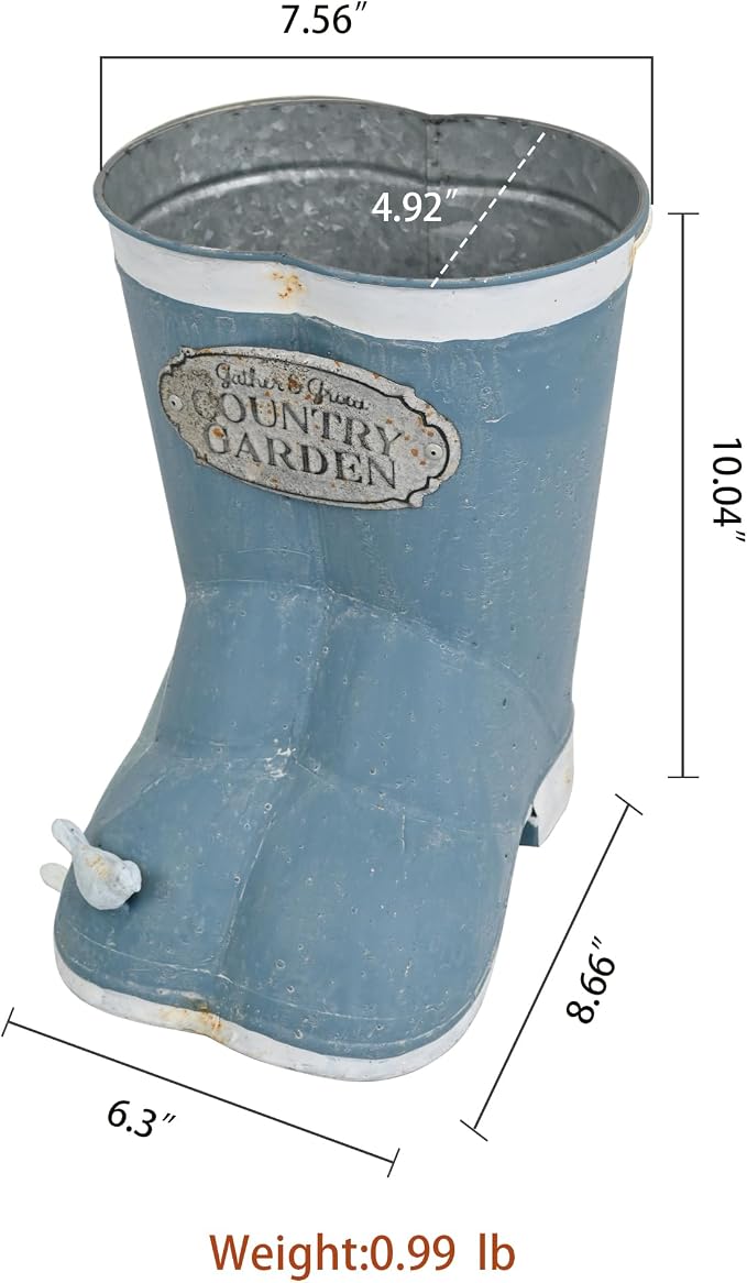 Vintage Blue Rain Boot Planter, Country Garden Metal Boot Flower Pot, Rustic Farmhouse Decorative Planter for Indoor Outdoor Succulents, Herbs, Garden & Porch Decor