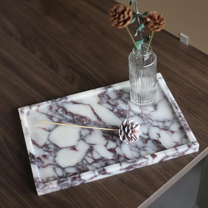 Real Luxurious Natural Marble Vanity Tray Genuine Marble Storage Tray for Home Decor Stone Tray for Bathroom/Kitchen/Vanity/Dresser,Plate Holder for Tissues, Candles, Towel