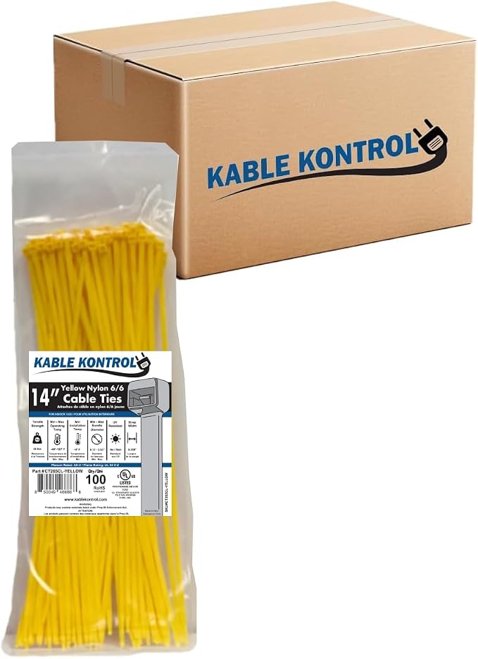 Kable Kontrol Yellow Zip Ties 14 Inch 6,000 Pcs, 50 Lbs Tensile Strength, Bulk Pack, Self-locking Nylon Colored Cable Ties Wire Wraps for Indoor or Outdoor Use