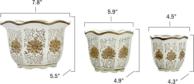Galt International Brown & White Floral Porcelain Ceramic Decorative Flower Pot 8"/6"/4.5" Garden Pots Chinese Asian Design - Set of 3 Brown & White Fluted