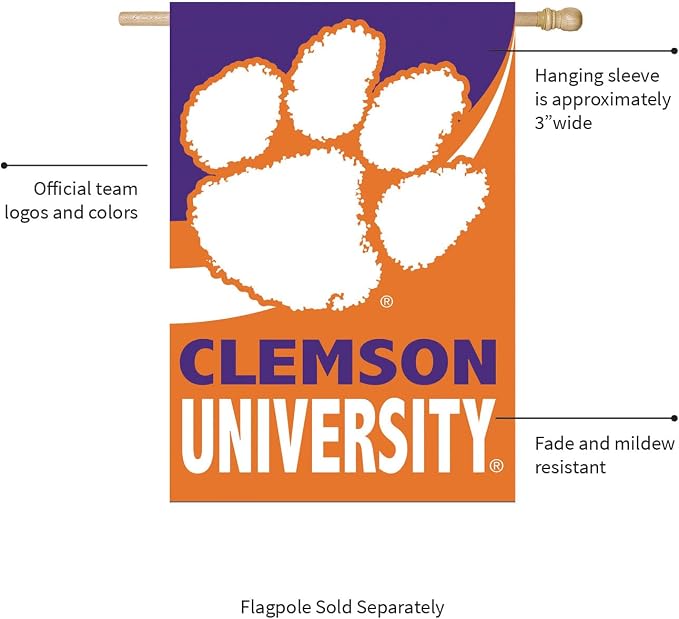 Team Sports America NCAA Clemson University House Flag, 28 x 44, Double Sided Garden Flags for Outside, Outdoor College Flags & Banners for Gardens Patio, Indoor Wall Decor Flag for Room