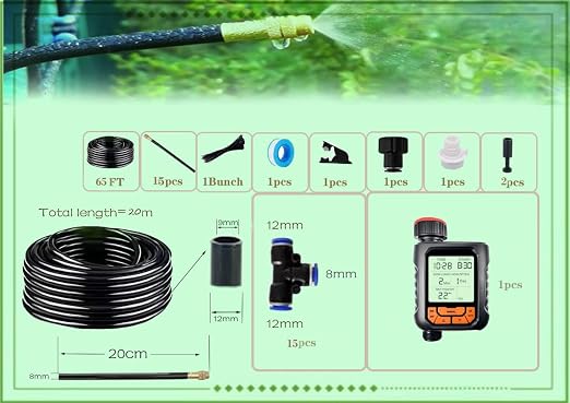 New drip Irrigation kit, Automatic Garden Watering System, Quick Connector and 360-degree Bending Dropper atomizing Copper Nozzle, Garden Plant Lawn Courtyard Watering System. (65FT Ⅱ)