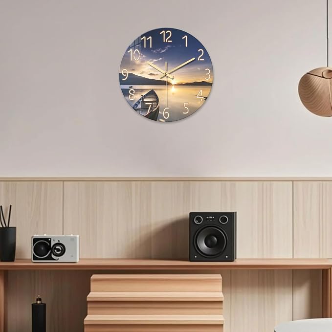 16 Inch Round Sunset Battery Powered Wall Clock | Large Modern Coastal Wall Clocks for Living Room Bedroom Office Kitchen Decor Analog Silent Wall Clock Non Ticking
