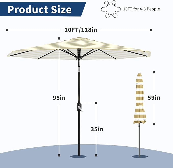 Garvee 10FT Patio Umbrella - Outdoor Table Umbrella with Smooth Crank Lift, Push Button Tilt and 8 Sturdy Ribs - Market Umbrella UV Protection Waterproof for Pool, Deck, Yard, Garden
