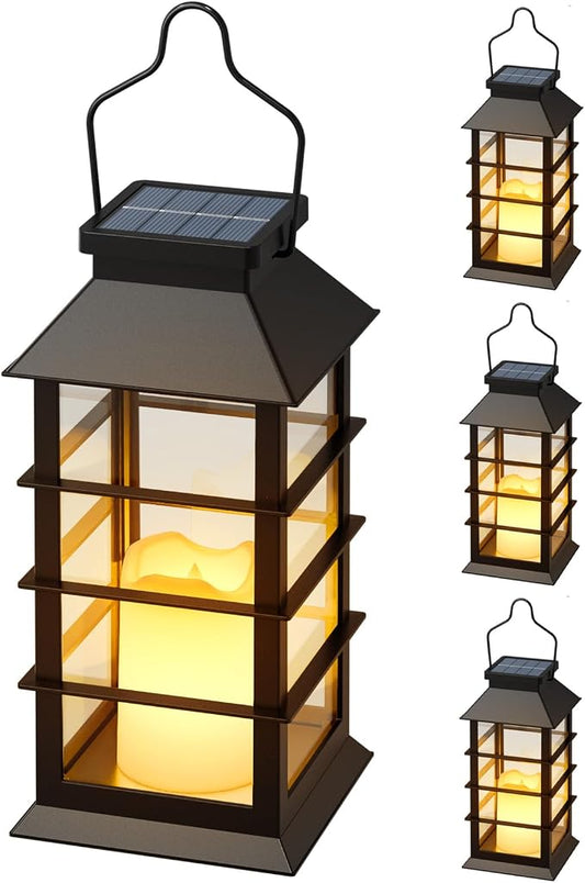 Otdair Solar Lanterns Outdoor Waterproof 4 Pack, 8.62" Retro Solar Lantern with Glass LED Flickering Flameless Candle,Lanterns Decorative Outdoor for Gift, Yard, Garden, Patio, Balcony,Porch, Party