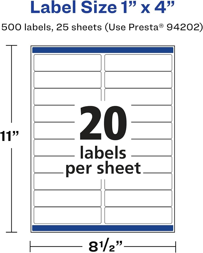 Avery Printable Durable White Rectangle Labels, Sure Feed Technology, 1" x 4", Waterproof Labels, Laser & Pigment-Based Inkjet Compatible, 500 Total, Great for Product Branding, Marketing, and More