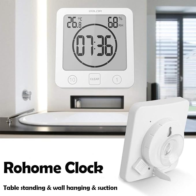 Digital Timer Waterproof Wall Clock, Kitchen Countdown Timer, Shower Clock with Temperature Humidity, Mirror Suction Cup Bathroom Timer, Wall Hanging for Bath Spa Basement Swimming Pool (White)