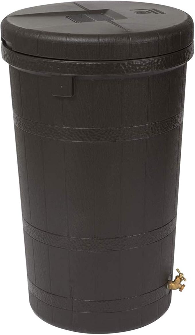 Good Ideas Aspen 50 Gallon Capacity Outdoor Rain Barrel Water Storage Collector Saver with Brass Spigot and Removable Lid, Oak Brown
