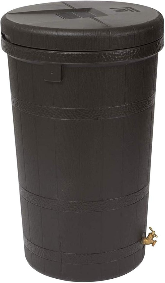 Good Ideas Aspen 50 Gallon Capacity Outdoor Rain Barrel Water Storage Collector Saver with Brass Spigot and Removable Lid, Oak Brown