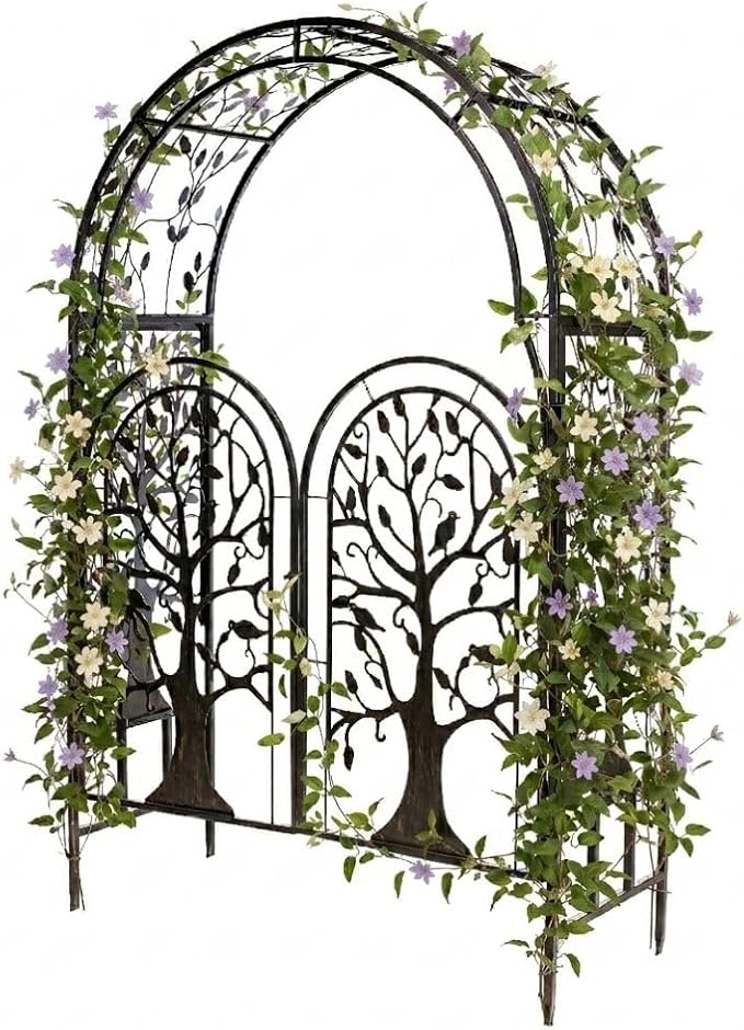 Plow & Hearth Metal Tree of Life Arched Garden Arbor with Gate | 7 feet Tall Laser-Cut Design | Plant Support for Heavy Vines | Landscape Focal Point | Iron Steel