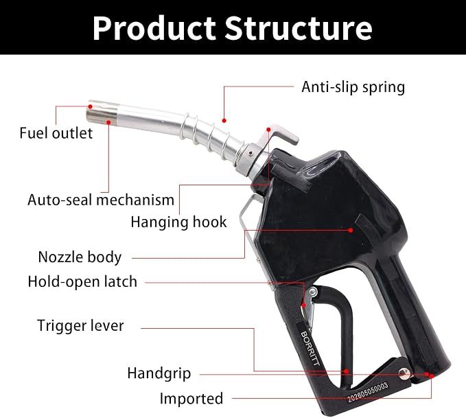 3/4" Inch NPT Black Fuel Nozzle,Automatic Shut Off Heavy Duty W/360° Hose Swivel Gas Fuel Transfer Pump Nozzle,304 13/16" Spout nozzle bushing,Copper Valve,Hook,16 gpm Flow Rate For Gas,Diesel