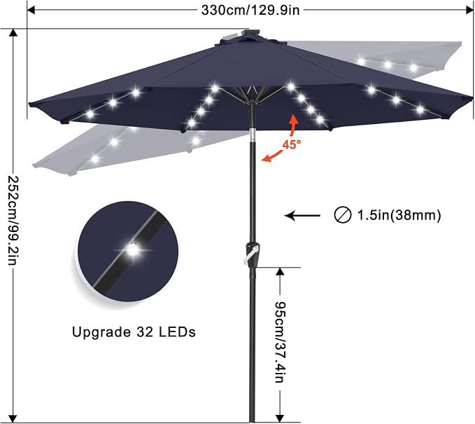 ABCCANOPY Durable Solar Led Patio Umbrellas with 32LED Lights 11FT (Deep Blue)