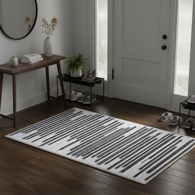 GarveeHome 2x3 Washable Rug for Hallway Bedroom Non Slip Low Pile Carpet | Modern Striped Small Entryway Rugs Geometric Stain Resistant Soft Kitchen Rug, Black Grey