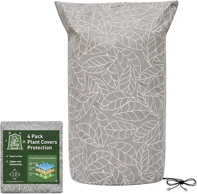 Plant Covers Freeze Protection 47"x71" in 4 Pack | Brown Winter Frost Blankets for Outdoor Plants | Reusable Garden Cover Bags with Zipper Drawstring | Cold Weather Shrub Protection Cloth