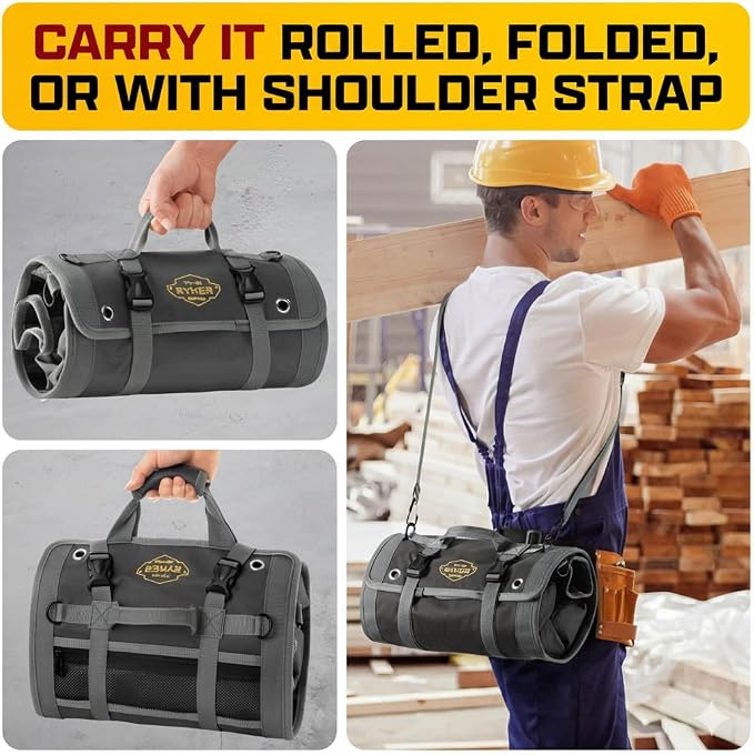 The Ryker Bag Customized Black Pro Tool Roll - Heavy-Duty Canvas Roll-Up Tool Organizer w/detachable pouches for Bolts, Sockets & Small Power Tools for Electricians, Plumbers, HVAC Techs & DIY