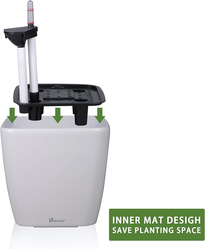 Dexceder 13x12 Self Watering Planter with Wheels (White Matte) | Inner Mat Design, Thickened Large Floor Standing Flower Plant Pot with Water Level Indicator Indoor Outdoor