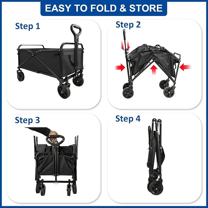 Collapsible Wagon with Quiet Wheels - Silent Grocery Shopping Cart for Seniors, Foldable Utility Cart for Laundry & Apartment, Washable Heavy Duty Rolling Wagon with Two Mesh Pockets, Black