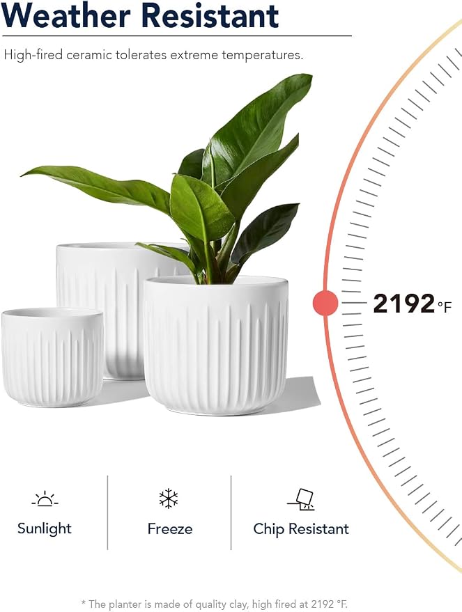 LE TAUCI Ceramic Planters, 8.3/7/6 Inch Indoor Pots for Plants with Drainage Holes & Mesh, Modern Matte Glaze Cylinder Fluted Plant Pot for Snake Plant, Set of 3, White