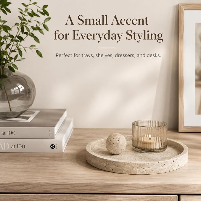 Natural Travertine Decorative Sphere, 1.18 Inch Small Stone Ball Decor, Hand-Polished Beige Orb Accent for Trays, Shelves, Dresser and Coffee Table