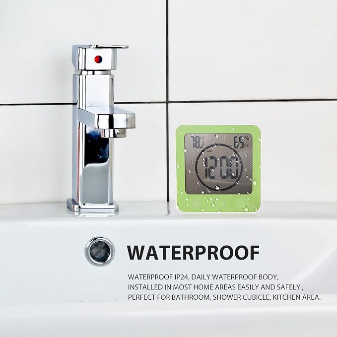 Digital Bathroom Shower Wall Clock Timer, LCD Digital Wall Clock with Suction Waterproof Temperature Humidity Gauge, Touch Screen Timer, Large Countdown Visual Timers Hanging Wall Clock (Green)