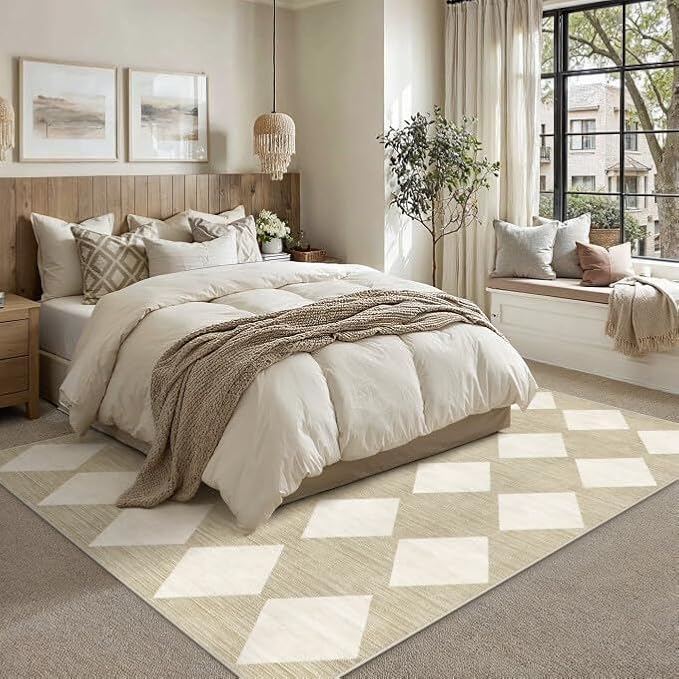 5x7 Washable Area Rug Living Room Beige Non Slip Checkered Carpet | Soft, Low Pile, Easy Clean, Diamond Pattern for Bedroom, Office, Nursery, Dining Room, Kids Room, Modern Neutral Decor