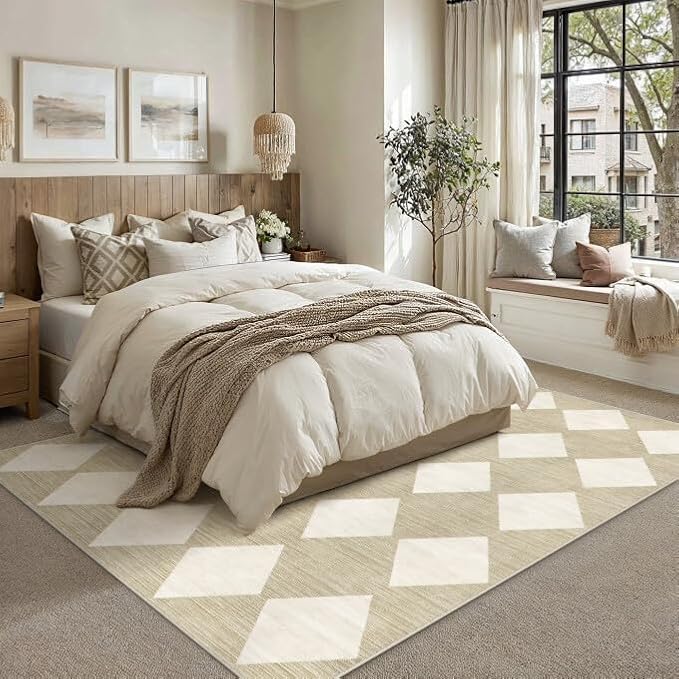 10x12 Washable Area Rug Living Room Beige Non Slip Checkered | Soft, Low Pile, Easy Clean, Diamond Pattern for Bedroom, Office, Nursery, Dining Room, Kids Room, Modern Neutral Decor