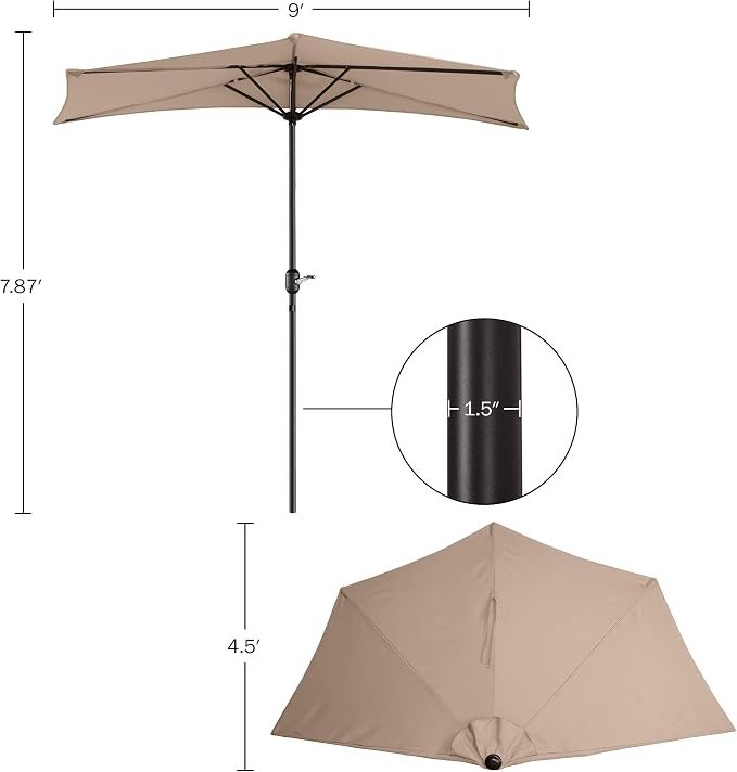 Half Umbrella Outdoor Patio Shade - 9 ft Patio Umbrella with Easy Crank - Small Canopy for Balcony, Table, or Deck by Pure Garden (Beige)