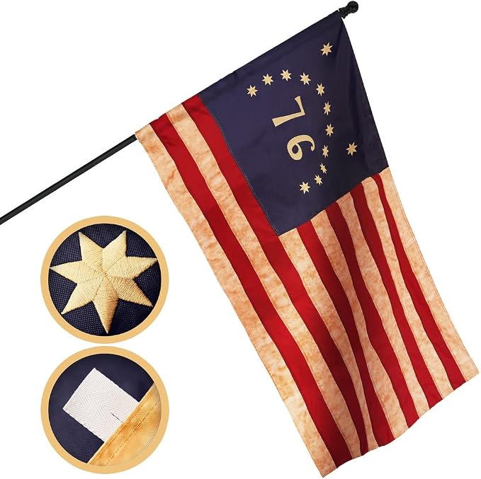 G128 Bennington Tea-Stained Flag | 1x1.5 Ft | Pole Sleeve Embroidered 420D Polyester - Embroidered Stars, Sewn Stripes, Brass Grommets, Indoor/Outdoor, Vibrant Colors, Quality Polyester