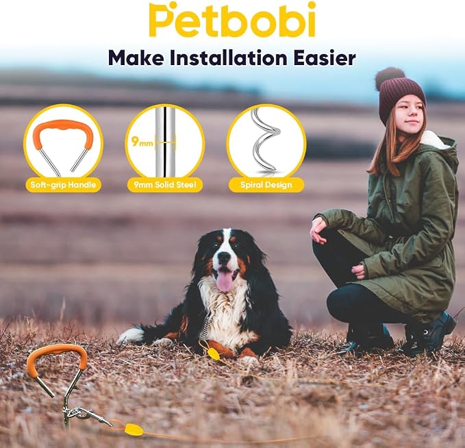 Petbobi Dog Tie-Out Cable and Stake - 50ft Heavy Duty Cable with Spring, No Tangle, 16in Ground Stake, Ideal for Outdoor Yard, Camping, Suitable for Small Medium Large Dogs Up to 120 lbs, Orange