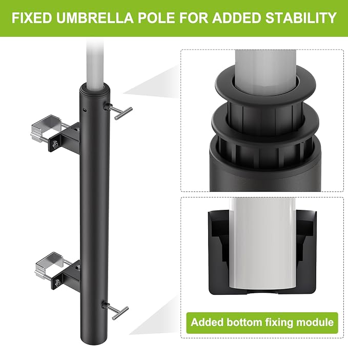 Dolibest Heavy Duty Patio Umbrella Holder, Steel Deck Clamp Holder up to 2'' Umbrella Pole, Deck Mount Umbrella Holder, Space Saving Design, Attaches to Railing Max Width 2 inch, Easy Installation