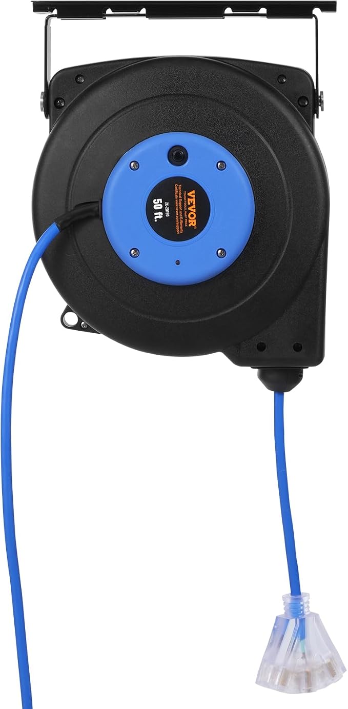 VEVOR Retractable Extension Cord Reel, 50 FT, Heavy Duty 14AWG/3C SJTOW Extension Power Cord with Lighted Triple Tap Outlet, 13A Circuit Breaker 180° Swivel Bracket for Ceiling or Wall Mount, Blue