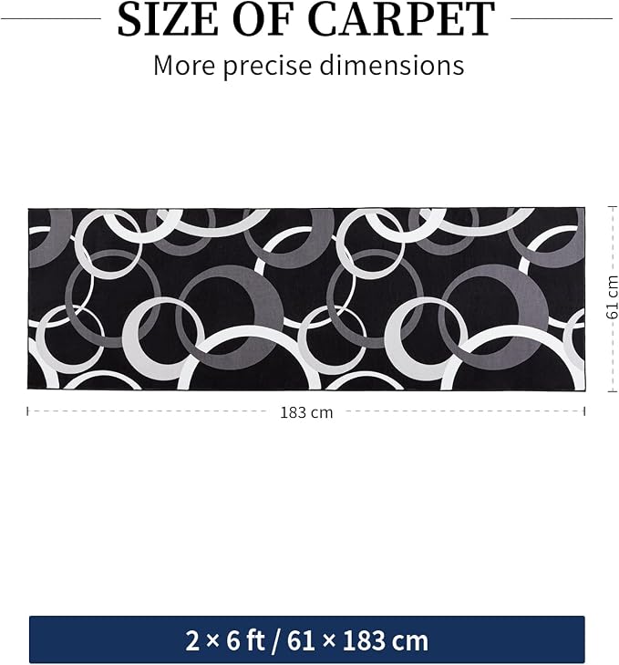 2x6 Kitchen Runner Rug Non Skid Washable, Black and White 6ft Rug Runners for Bathroom Hallway Non Slip, Modern Carpet Runner for Entryway Bedside Laundry Room
