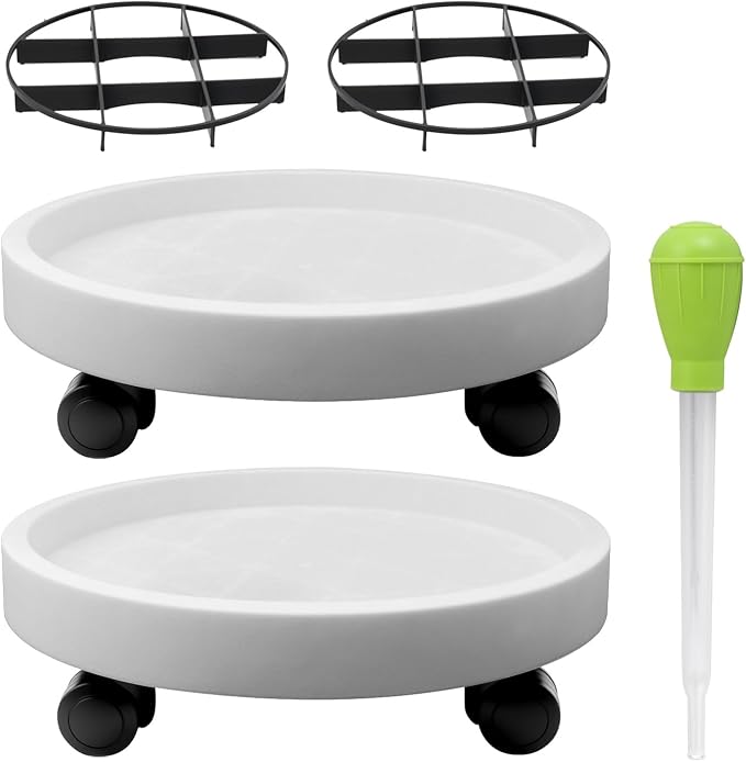 2Pack 12.4'' Plant Caddy with Wheels, Plant Stand Dolly for Heavy Planter,Wheeled Planter Saucer Tray,Rolling plant stand,Heavy-Duty Plant Caddy with Casters for Indoor and Outdoor(White)
