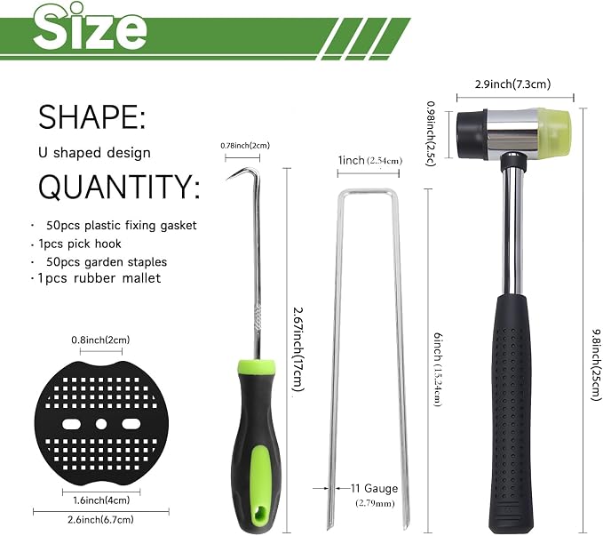6 Inch Landscape Staples Set, 11 Gauge Galvanized U-Shaped Garden Stakes (50 Pack) with 50 Gaskets, Hook Tool & Rubber Mallet for Weed Fabric & Landscaping