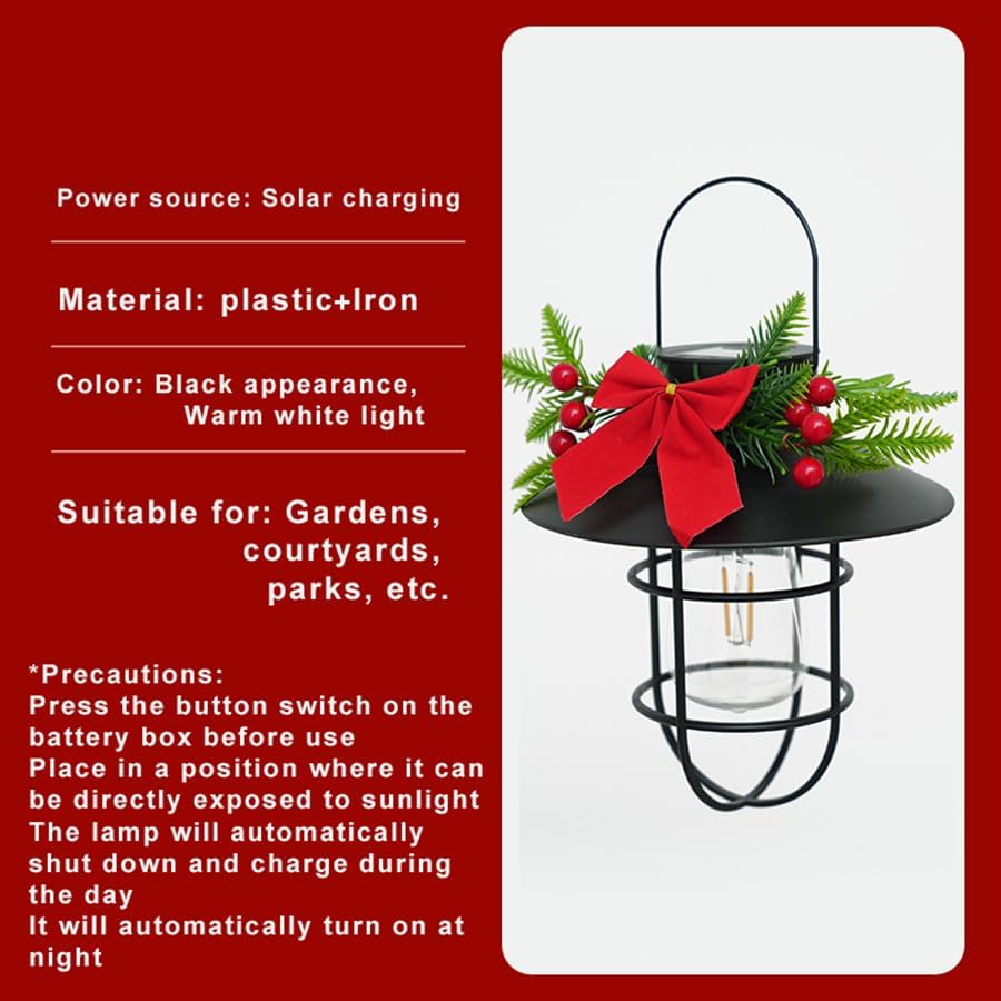2 Pack Christmas Solar Hanging Lantern with Red Bow & Berry Decor - Image 5
